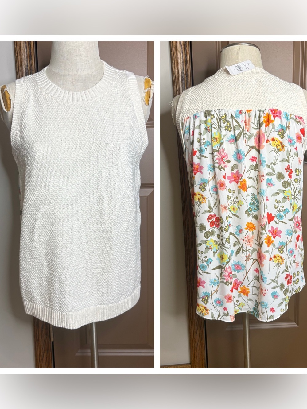NWT Loft Cream Knit Sleeveless Floral Back Top